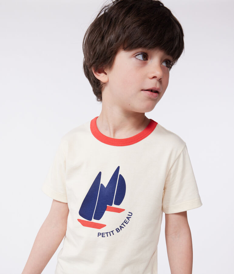 T-shirt a maniche corte in cotone con stampa bambino ecru