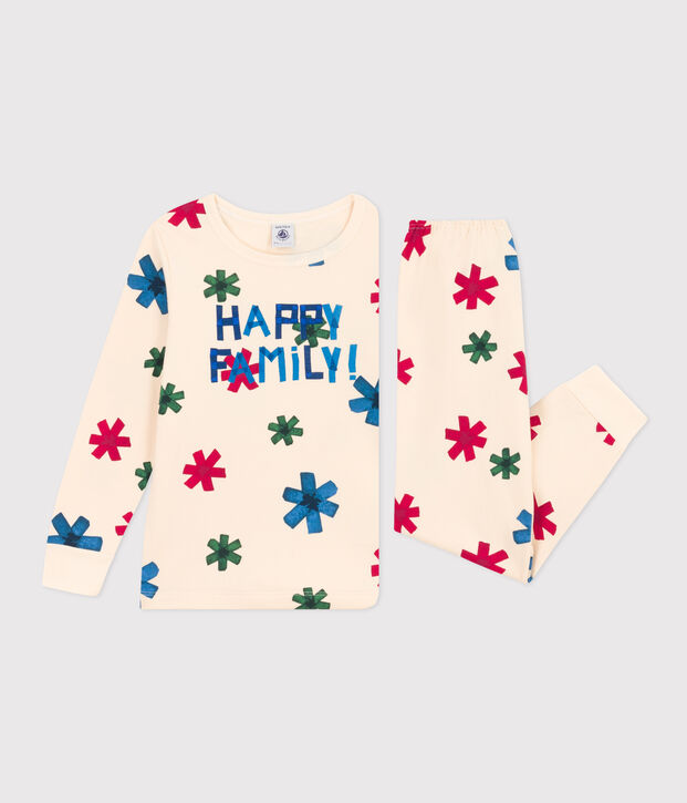 Pigiama bambino unisex in tessuto felpato motivo stella ecru/multicolore