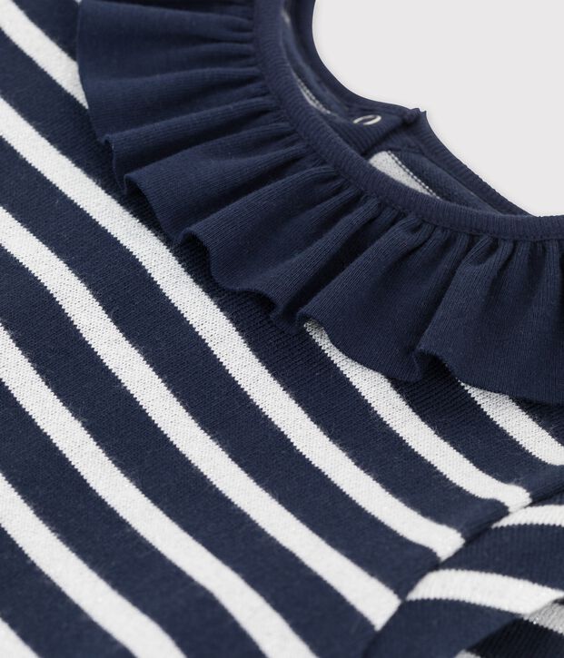 Abito bambina a maniche lunghe in cotone blu/bianco/grigio