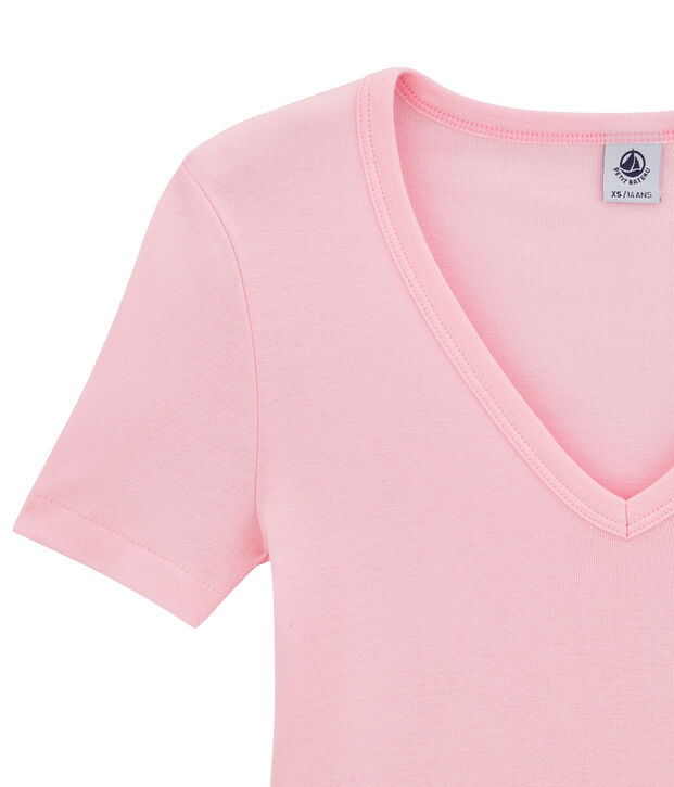 T-shirt donna scollo a V In costina originale 1X1 rosa