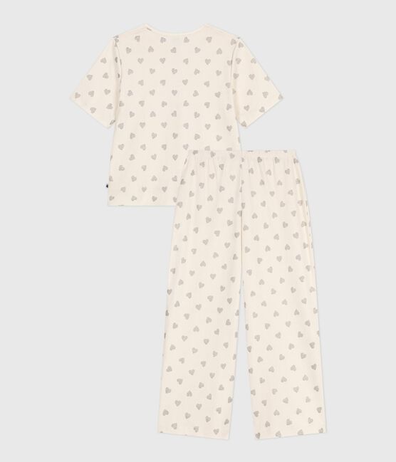 Pigiama donna in cotone a maniche corte e gamba ampia con stampa a cuori ecru MILK/ ARGENT