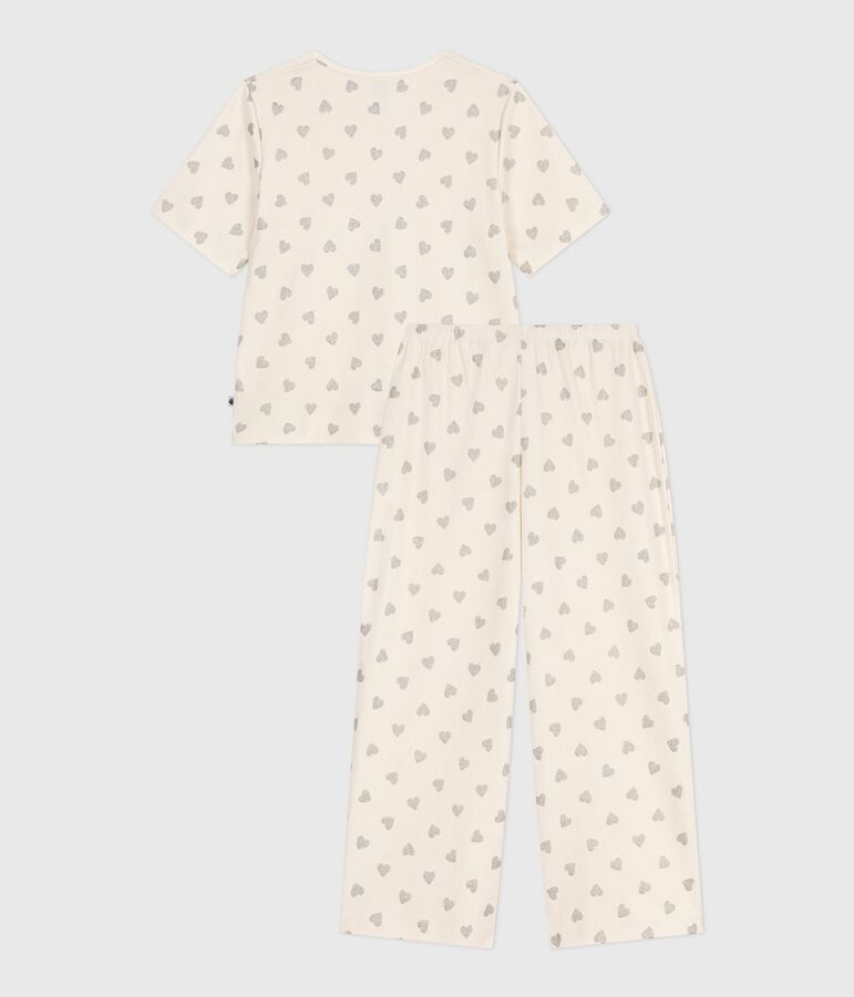 Pigiama donna in cotone a maniche corte e gamba ampia con stampa a cuori ecru/grigio