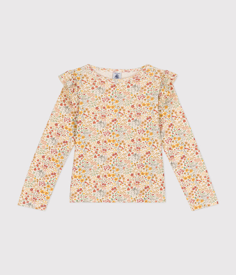 T-shirt a maniche lunghe in tessuto a costine bambina ecru/multicolore