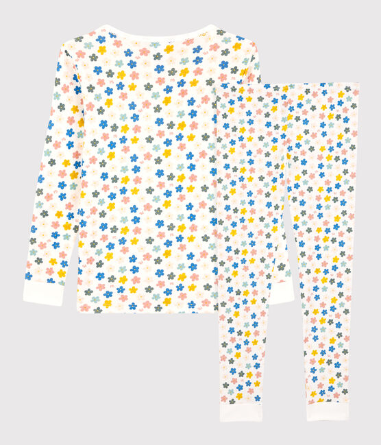 Pigiama snugfit a fiori fosforescenti effetto retrò bambina in cotone bianco MARSHMALLOW/bianco MULTICO
