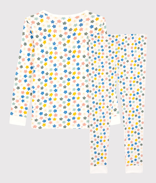Pigiama snugfit a fiori fosforescenti effetto retr&ograve; bambina in cotone bianco/multicolore