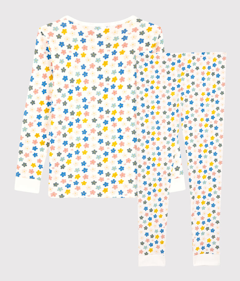 Pigiama snugfit a fiori fosforescenti effetto retr&ograve; bambina in cotone bianco MARSHMALLOW/bianco MULTICO