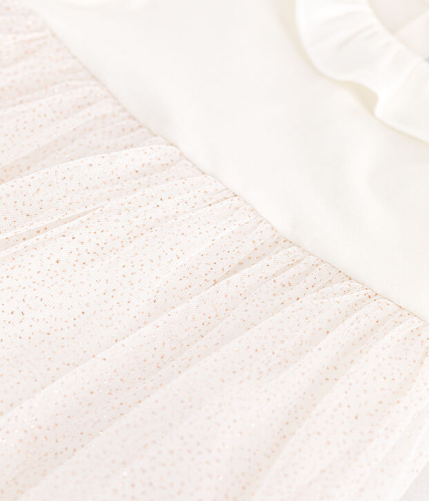 Abito a maniche corte con colletto in cotone e tulle neonato bianco/rosa