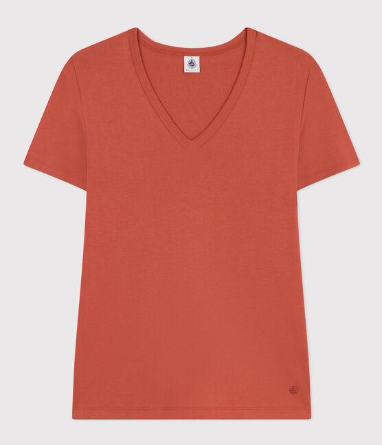 T-shirt L'Iconique scollo a V in cotone tinta unita donna marrone FAMEUX