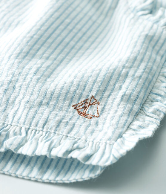 Short bebè femmina in seersucker (tessuto goffrato) bianco MARSHMALLOW/blu ACIER