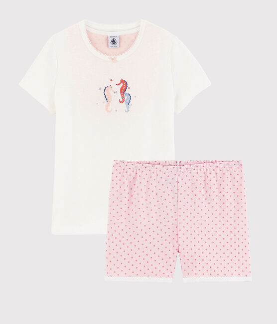 Pigiama corto cavallucci marini bambina in cotone bianco MARSHMALLOW/rosa GRETEL