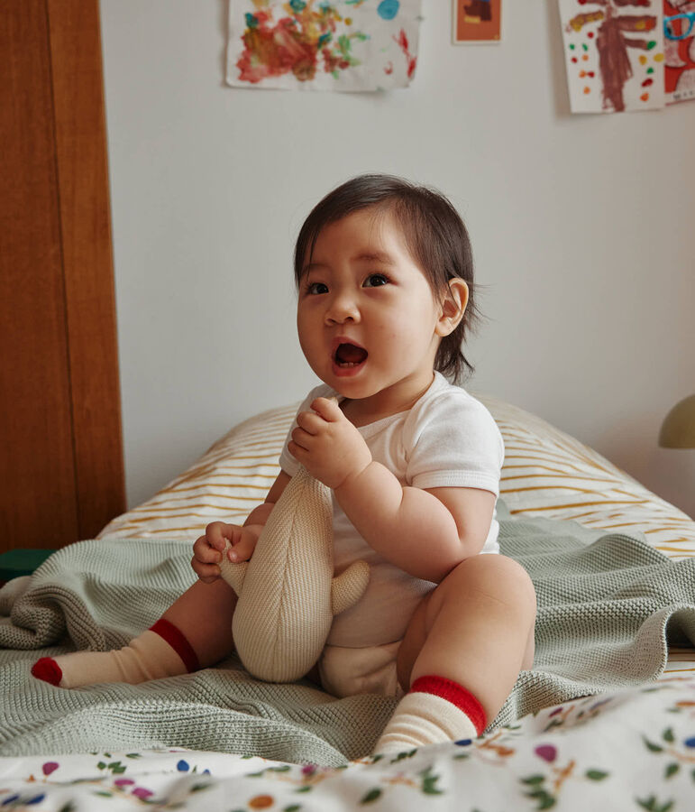 Copertina e doudou in tricot per neonato verde/bianco