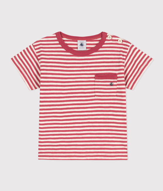T-shirt a maniche corte bebè in jersey fiammato a righe rosa PAPI/beige AVALANCHE