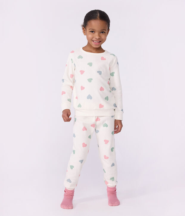 Pigiama in spugna di cotone a cuori bambina ecru/multicolore