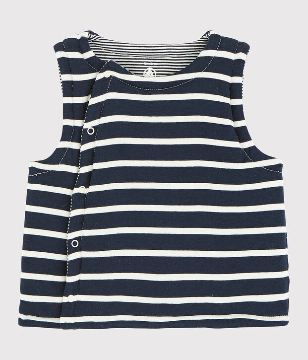 Gil&egrave; smanicato reversibile beb&eacute; a costine in ovatta blu/bianco