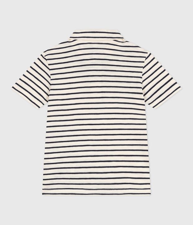 Polo a maniche corte in cotone a righe bambino ecru/blu