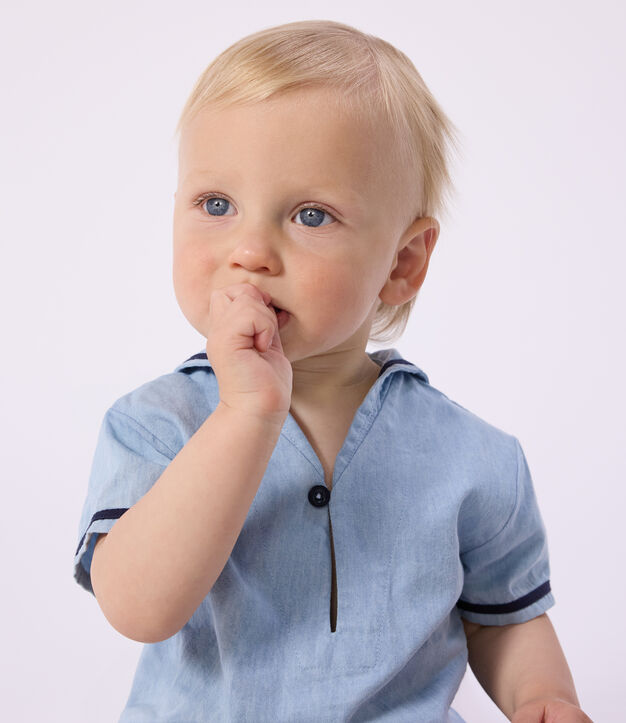 Completo neonato 2 pezzi in chambray con T-shirt con colletto alla marinara blu