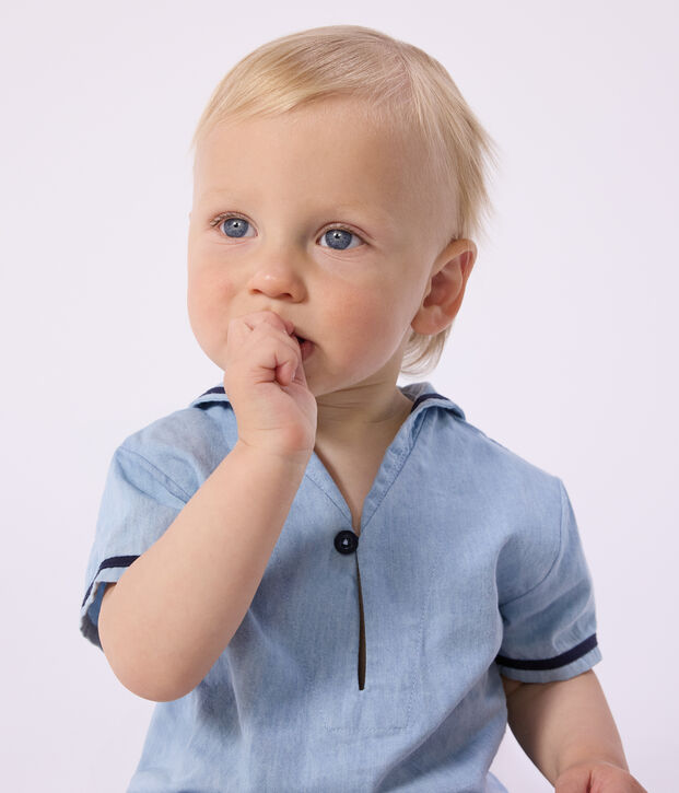 Completo neonato 2 pezzi in chambray con T-shirt con colletto alla marinara blu