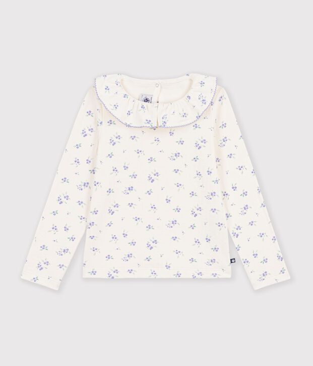 T-shirt a maniche lunghe con colletto e stampa a fiori bambina ecru/multicolore