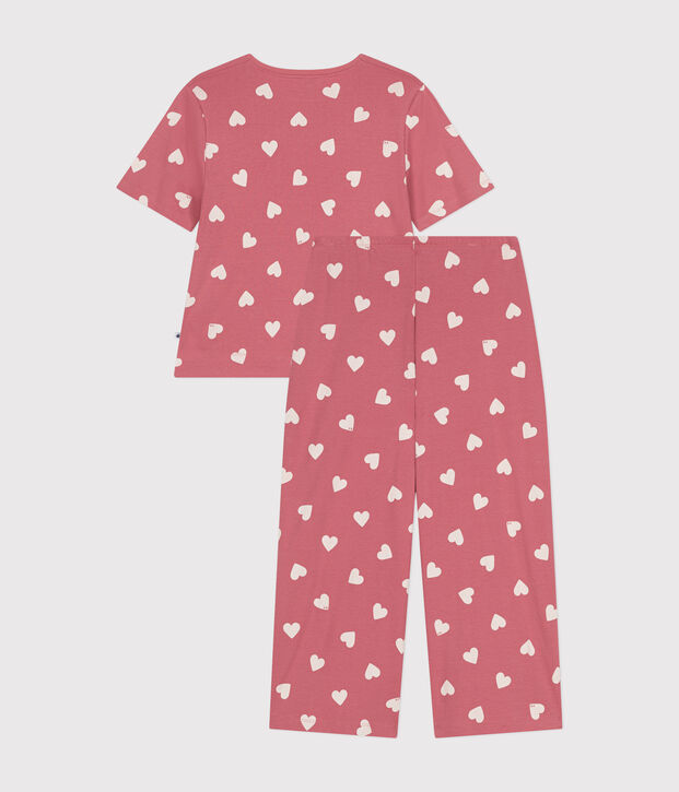 Pigiama in cotone con cuore stampato donna rosa/bianco