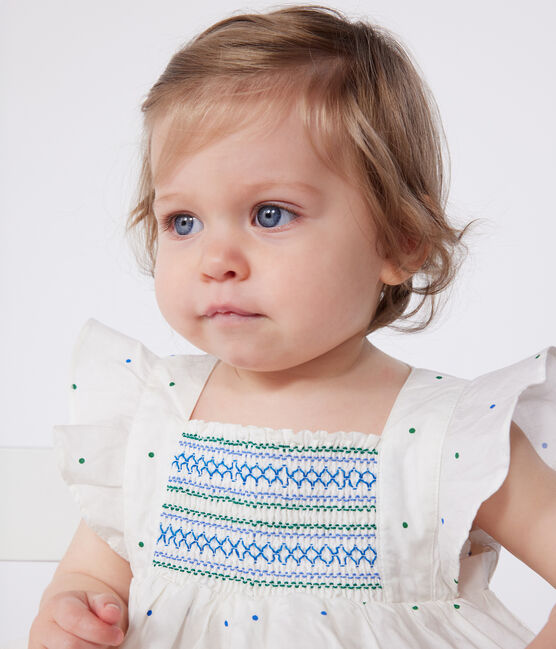 Abito bianco neonato in cotone e bloomer coordinato con stampa a pois bianco MARSHMALLOW/bianco MULTICO