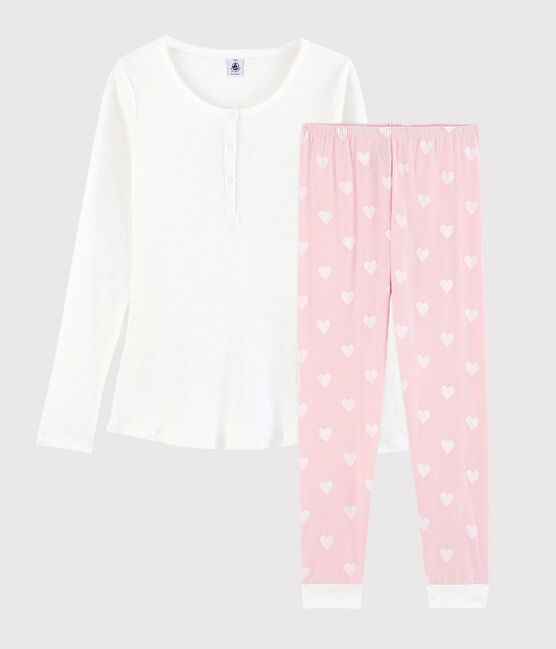 Pigiama ragazza-donna in cotone bianco MARSHMALLOW/rosa MINOIS