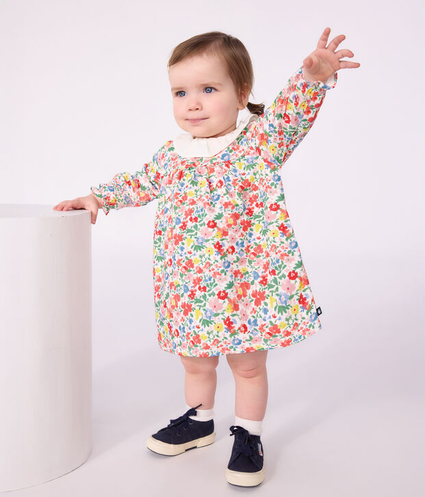 Abito a maniche lunghe in cotone con stampa a fiori neonata bianco/multicolore