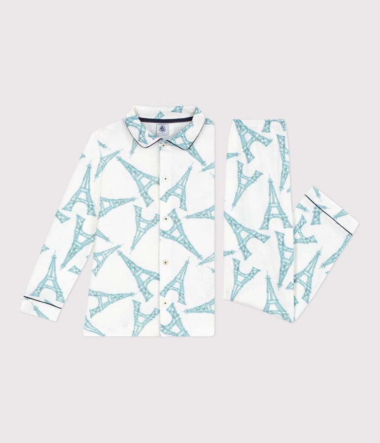 Pigiama in cotone con bottoni e stampa bambino bianco/multicolore