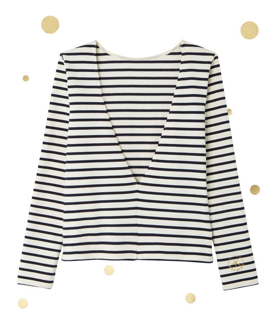 Marinière femme décolletée dans le dos. Petit bateau x Marie-Agnès Gillot beige COQUILLE/blu SMOKING