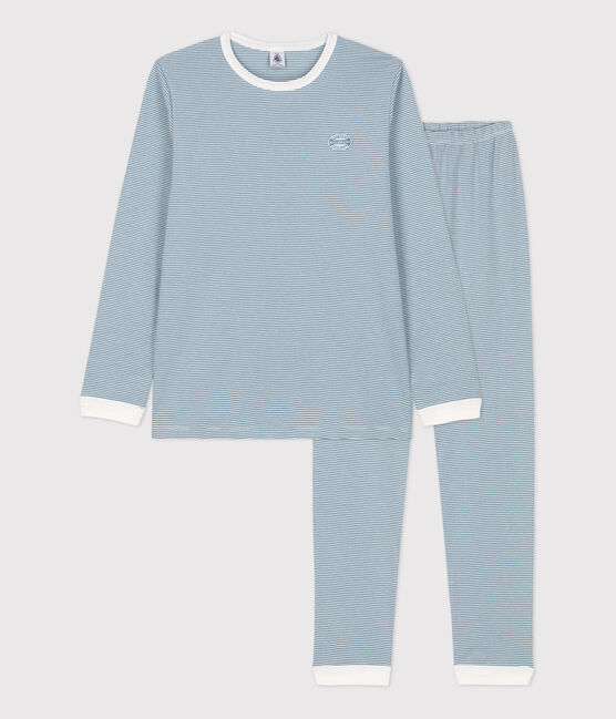 Pigiama millerighe unisex in cotone blu ROVER/bianco MARSHMALLOW