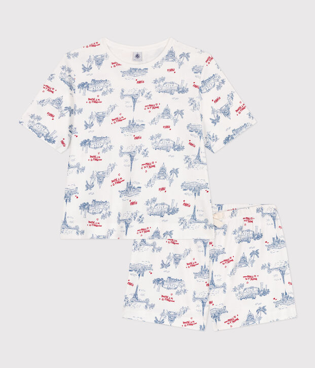 Pigiama corto in cotone stampato Parigi donna bianco/multicolore