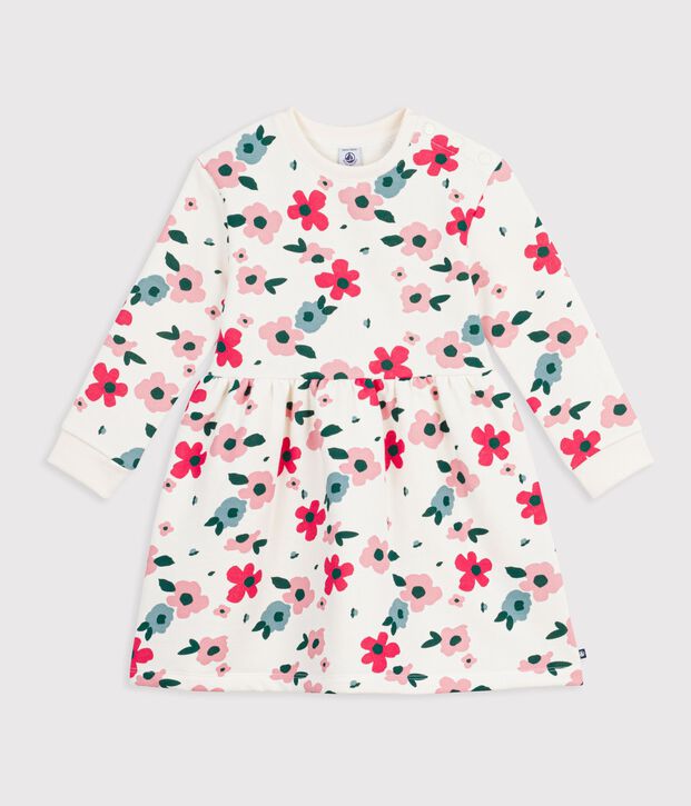 Abito a maniche lunghe in cotone a fiori bambina ecru/multicolore