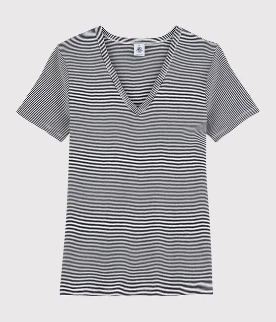 T-shirt scollo a V iconica in cotone a righe Donna blu SMOKING/bianco MARSHMALLOW