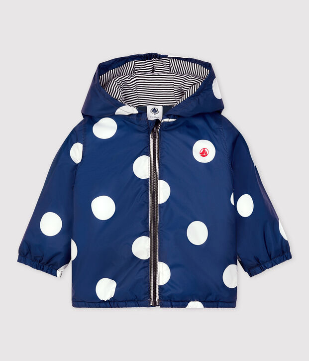 Giacca a vento calda per beb&egrave; in poliestere riciclato blu/bianco