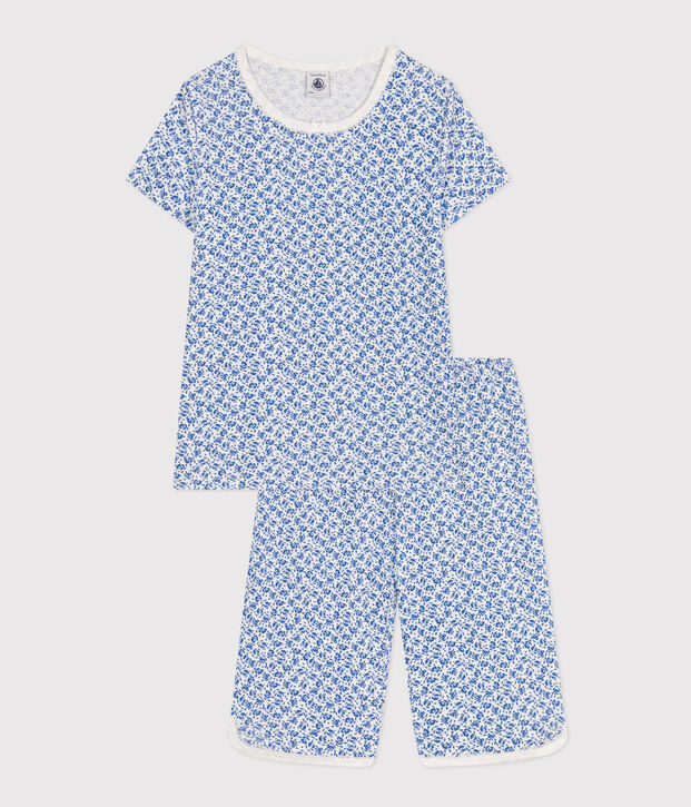 Pigiama Capri bambino fantasia fiori in cotone blu/blu