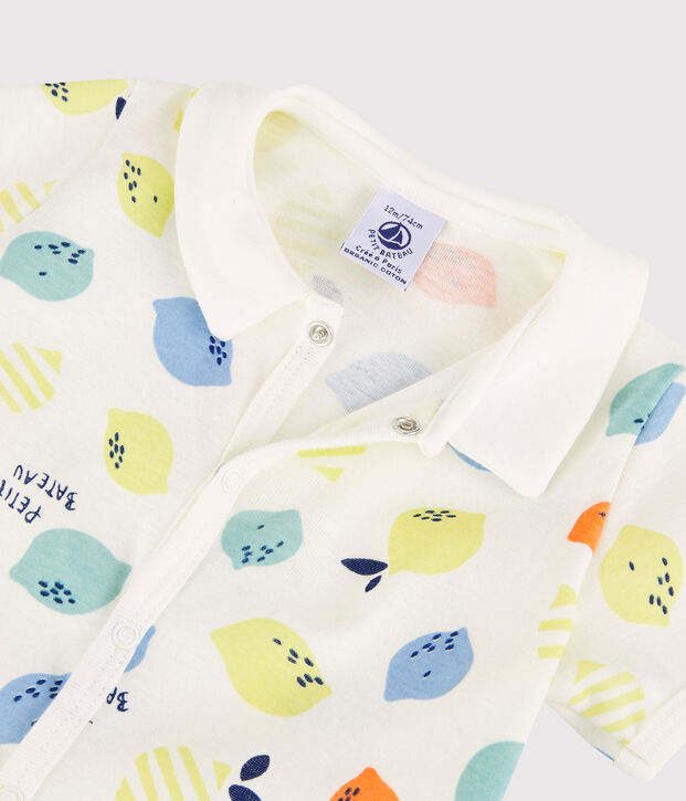 Tuta corta limone beb&egrave; in cotone biologico bianco/multicolore