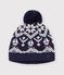 Cuffietta in misto lana e cotone jacquard con fodera in pile neonato blu/ecru/rosso