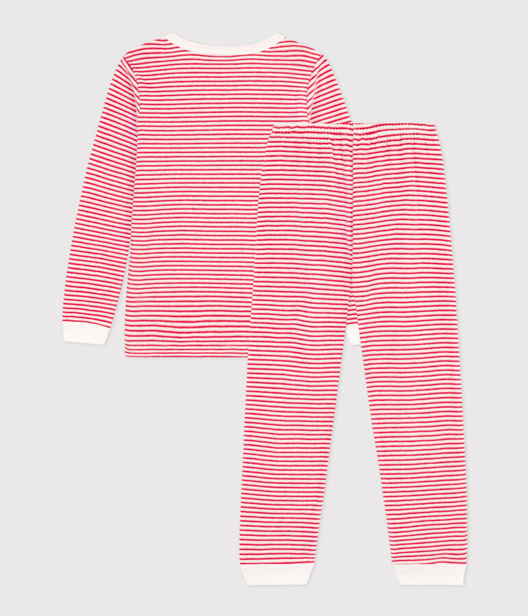 Pigiama bambino unisex in ciniglia a righe bianco/rosso