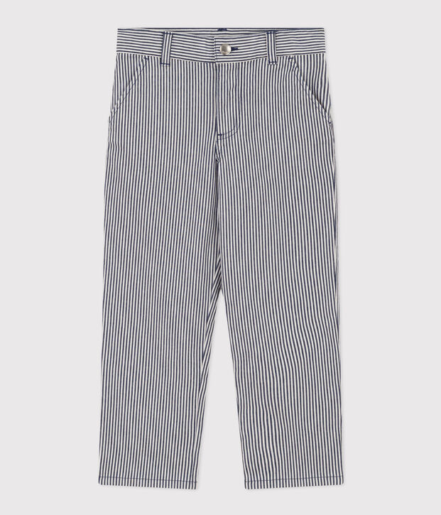 Pantalone bambino in tela di cotone a righe blu/bianco