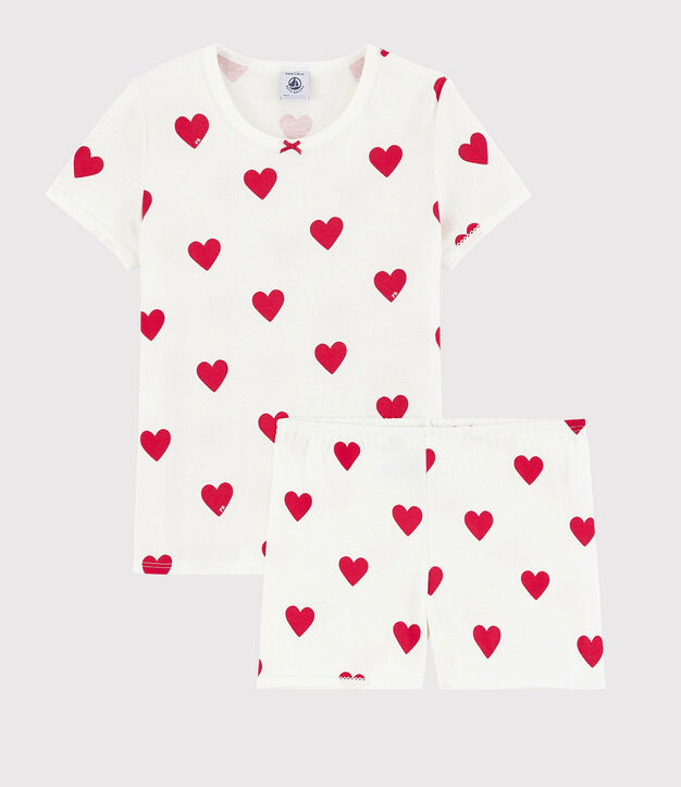 Pigiama short per bambini in cotone con stampa a cuori bianco/rosso