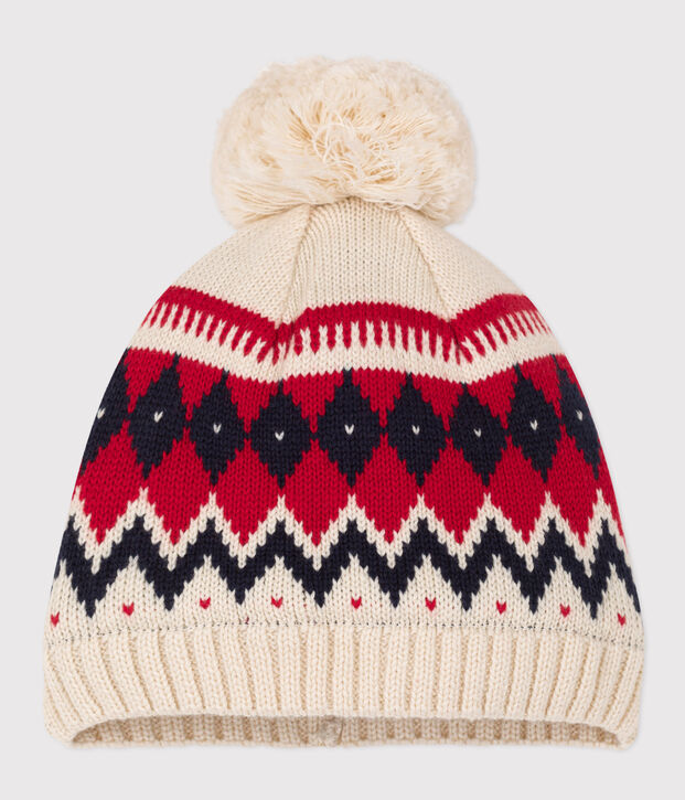 Cuffietta in lana jacquard neonato ecru/multicolore