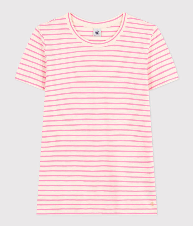 T-shirt REGULAR girocollo in cotone rigato donna ecru/rosa