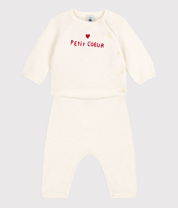 Completo 2 pezzi beb&egrave; in maglia di lana e cotone bianco