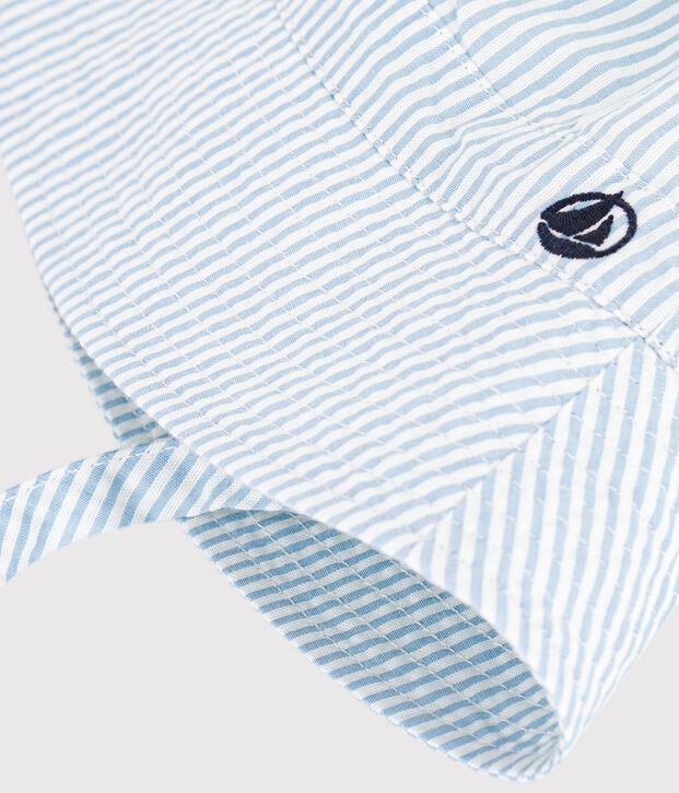Cappellino in seersucker con laccetti da annodare neonato blu/bianco