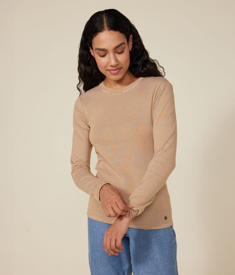 T-shirt L'ICONIQUE girocollo in cotone Donna marrone/bianco