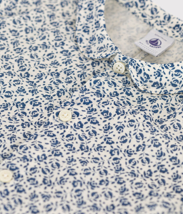 Tutina corta beb&egrave; in garza di cotone ecru/blu