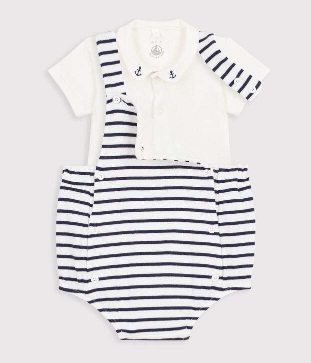 Set 2 pezzi in cotone a righe con dettagli ricamati neonato bianco/blu