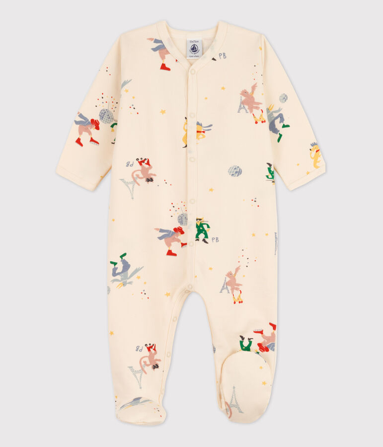 Tutina pigiama Paris beb&egrave; in tessuto felpato ecru/multicolore