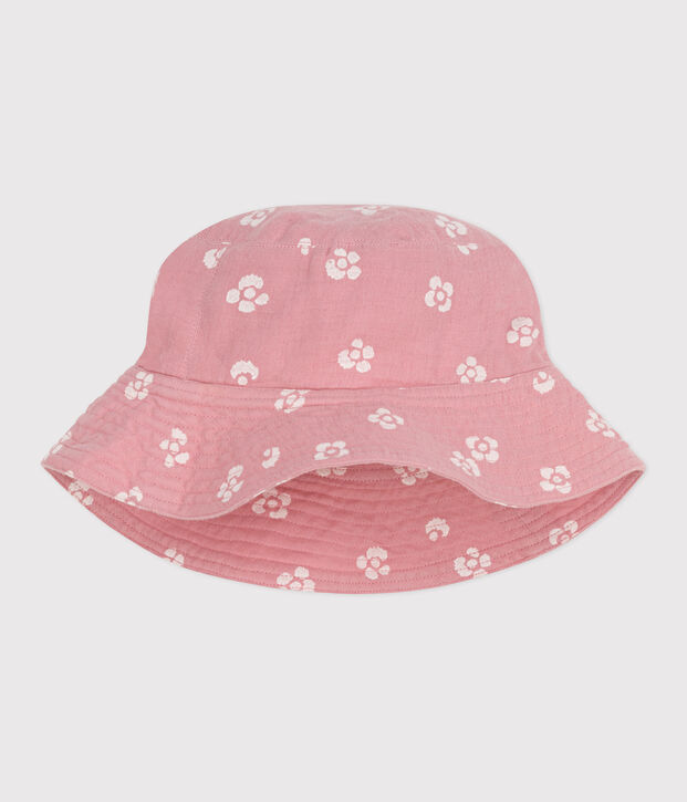 CAPPELLO DA BAMBINA IN GARZA DI COTONE CON FIORI ROSA rosa/bianco