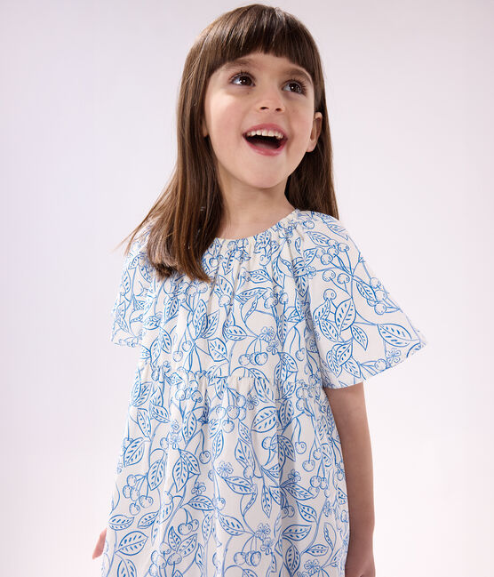 Abito bambina a maniche corte in cotone stampato blu MARSHMALLOW/ PORCELANA