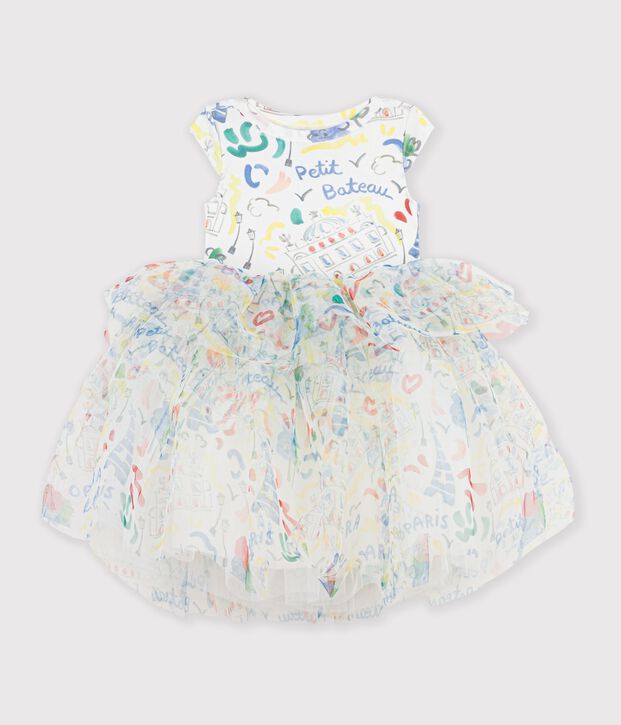 Abito a maniche corte in cotone e tulle con stampa bambina bianco/multicolore